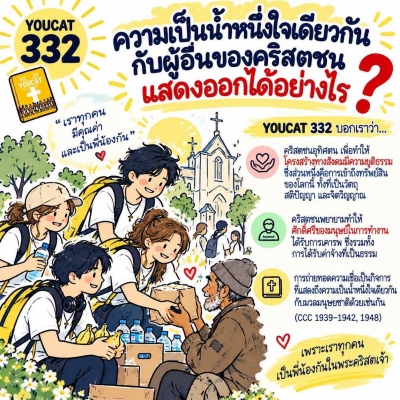 Youcat 332 ความเป็นน้ำหนึ่งใจเดียวกันกับผู้อื่นของคริสตชน แสดงออกได้อย่างไร?